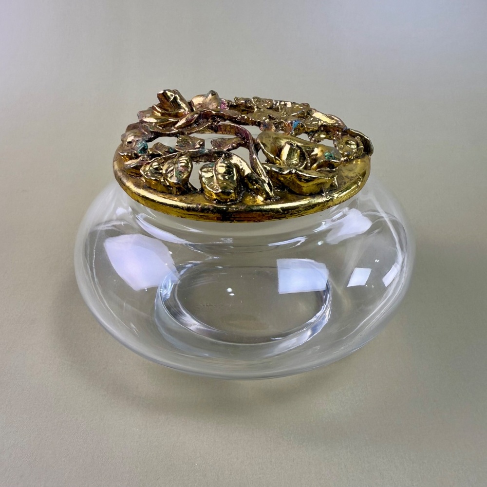 Vintage Glass Trinket Dish with Ornate Brass Rose Lid | Hollywood Regency Style - Picture 4 of 13